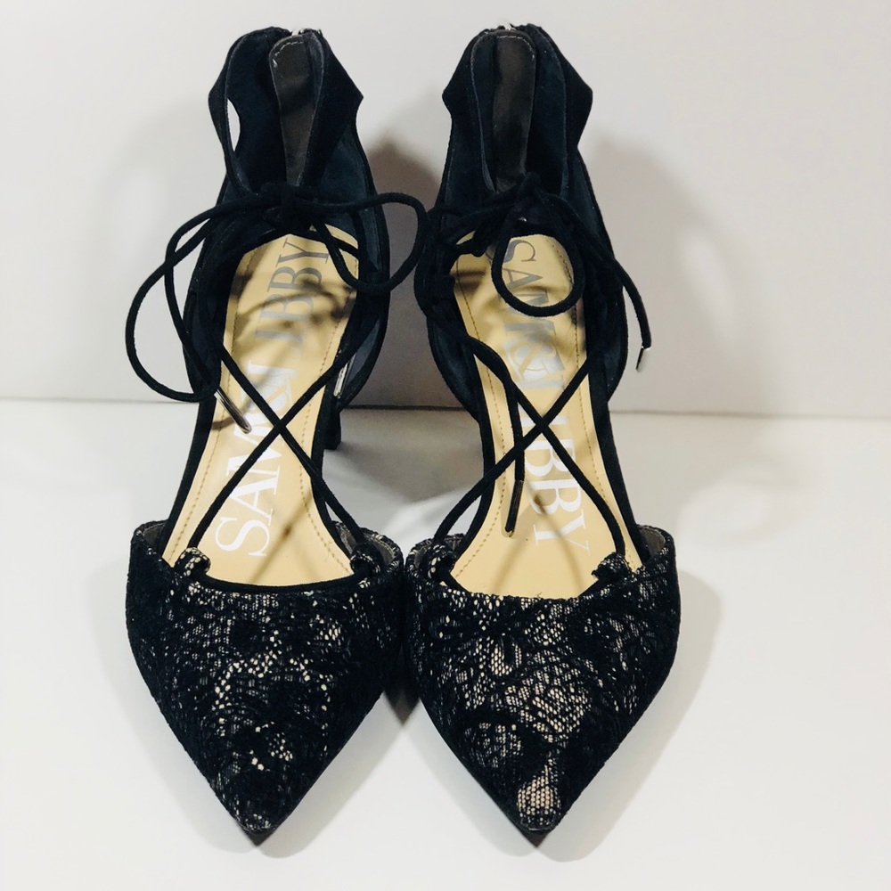 Sam & Libby Black Lace Up Pointy Toe Heels Size 8